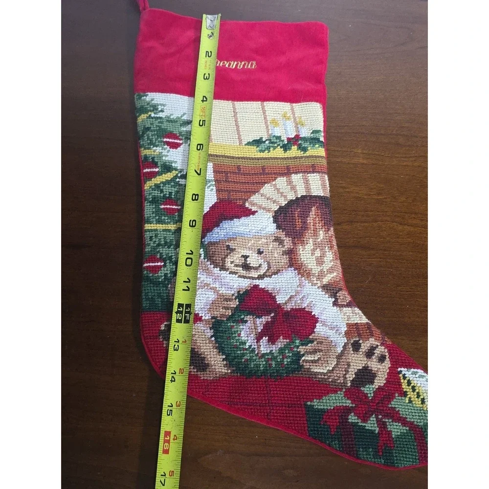 Needlepoint Christmas Stocking‎ Bear Wreath Wool Velvet Personalized Breanna